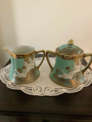 Vintage Nippon Handpainted Gold Trim Sugar Bowl With Lid And Creamer