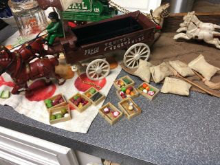 Vintage Cast Iron 2 Horse Drawn Fruit And Vegetables Wagon 1 
