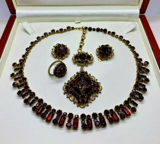 Vintage Jewellery Garnet Red Rhinestone Necklace/earrings/brooch/ring Set