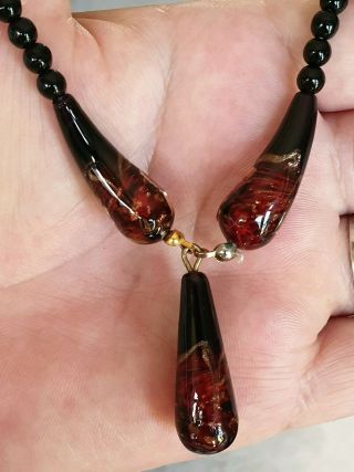 STUNNING VINTAGE ART DECO JEWELLERY BANDED MURANO GLASS GOLD DROPPER NECKLACE 2