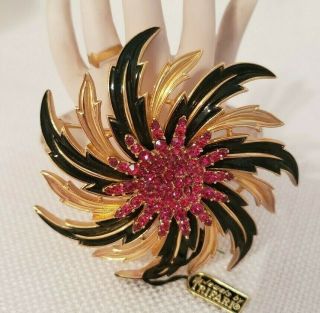 Vintage Jewels By Crown Trifari Enamel Black Gold Red Rhinestones Brooch Pin Tag
