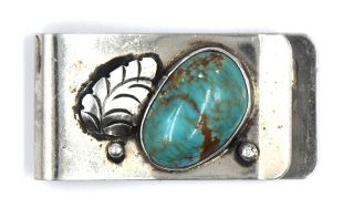 Vintage Old Pawn Southwestern Turquoise Leaf Money Clip Floral Sterling Silver