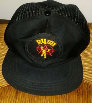 Vtg 80s Rush Mesh Snapback Cap Black Trucker Hat Patch Usa Made