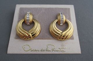 Vintage Oscar De La Renta Gold Tone Dangle Clear Emerald Rhinestone Earrings