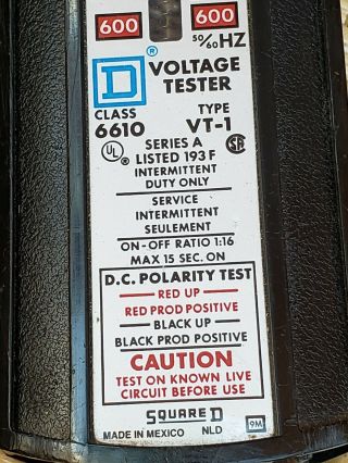 Vintage Square D Wiggy Voltage Tester 6610 Type VT - 1 Series A Made in USA 4