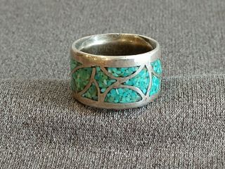 Vtg Old Pawn Navajo Sandcast Sterling Silver Turquoise Chip Inlay Ring Band Sz 7