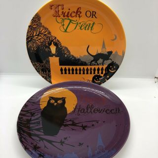 Halloween Plates Hanging Or Display Owl & Black Cat Print Ceramic (2) Vintage