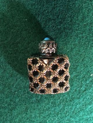Vintage Made In France Micro Mini Perfume Bottle Ornate Silver Over Black Glass