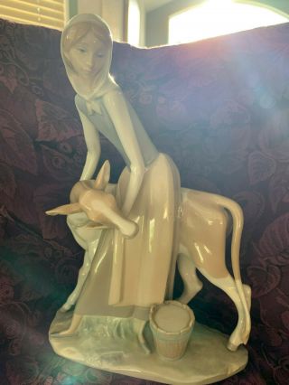 Vintage Retired Lladro Spain Glazed Figurine,  Milkmaid W/cow Calf Milk Bucket