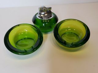 Mid Century Modern Vintage Green Glass Ashray And Lighter Set