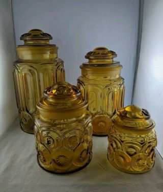 Set Of 4 Vintage Amber Apothecary Glass Canisters W/lids Le Smith Moon And Stars