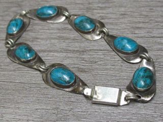 Vtg Sterling Silver Jewelry Teal Blue Turquoise Color Stone Link Tab Bracelet