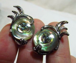 Vintage Sterling Silver Leaf Frond Abalone Screw - Back Clip - On Earrings