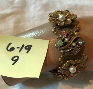 Lavish Vintage Gold Tone Jewel & Faux Pearl Encrusted Floral Tile Bracelet