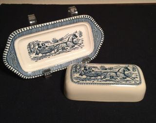 Vintage Royal China Currier & Ives Blue/white Covered Butter Dish