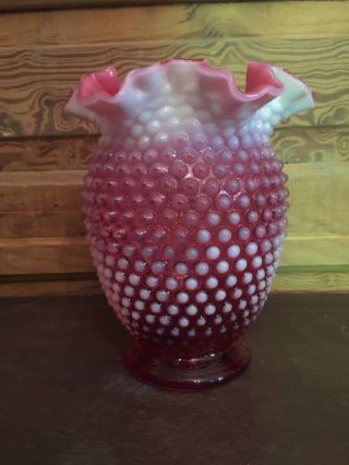 Vintage Fenton Cranberry Opalescent Glass Hobnail Large Vase Ruffled Edge 8 Inch