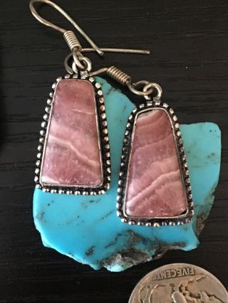 Vintage Native American Rhodochrosite Sterling Silver Dangle Earrings 10 Gm