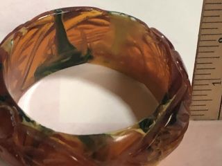 Vintage Wide Chunky Carved Green Leaves & Flowers Bakelite (?) Bangle Bracelet 5 4