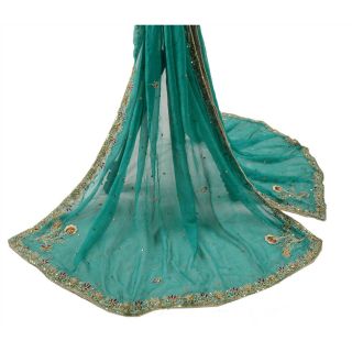 Sanskriti Vintage Dupatta Long Stole Pure Chiffon Silk Green Hand Beaded Veil