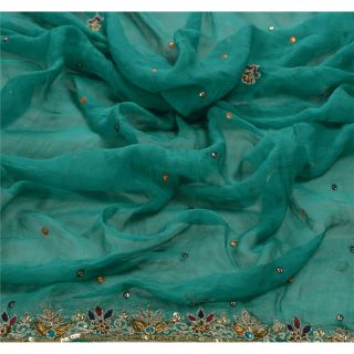Sanskriti Vintage Dupatta Long Stole Pure Chiffon Silk Green Hand Beaded Veil 2