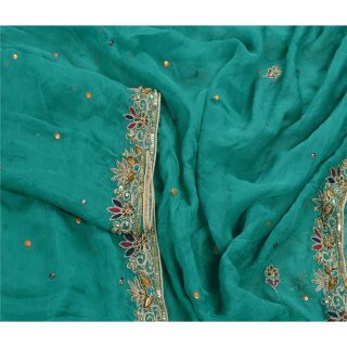 Sanskriti Vintage Dupatta Long Stole Pure Chiffon Silk Green Hand Beaded Veil 3