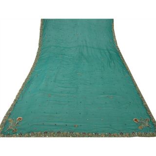 Sanskriti Vintage Dupatta Long Stole Pure Chiffon Silk Green Hand Beaded Veil 4