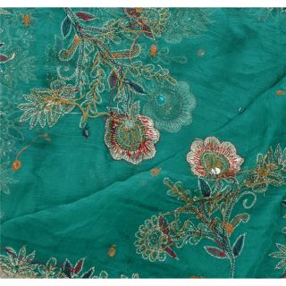Sanskriti Vintage Dupatta Long Stole Pure Chiffon Silk Green Hand Beaded Veil 5