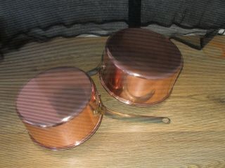 Vintage French Set 2 Copper Cuisine Sauce Pans Tin Lined Brass Handles