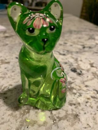 Vintage Fenton Art Glass Green Cat Hand Painted Flowers Signed