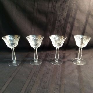 Vintage Set Of (4) Crystal,  Etched Glass Fostoria,  " Heather " Goblets (l 1)