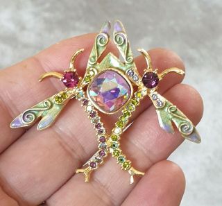 Stunning Vintage Kirks Folly Jewellery Magical Crystal Dragonfly Gold Brooch Pin
