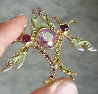 STUNNING VINTAGE KIRKS FOLLY JEWELLERY MAGICAL CRYSTAL DRAGONFLY GOLD BROOCH PIN 3