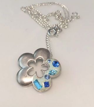 Vintage Jewellery Sterling Silver Crystal And Enamel Flower Pendant Necklace