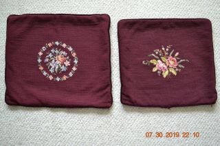 Two Vintage Needlepoint Mixed Floral Burgundy Seat Chair Pillow Cover