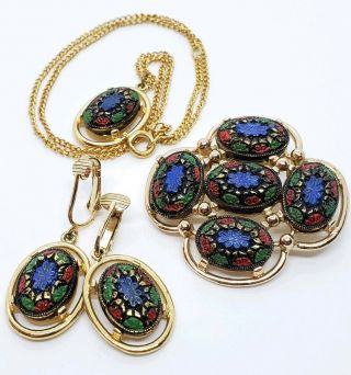 Vtg Sarah Coventry Enameled Carved Glass Necklace Brooch Earrings Demi - Parure