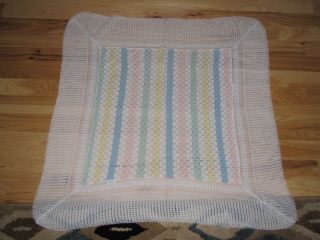 Vintage Baby Blanket Shawl Lightweight Open Weave Pastel Stripe White Acrylic