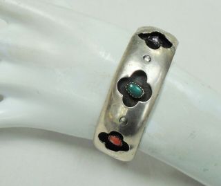 Good Quality Vintage Sterling Silver,  Pearl,  Coral & Turquoise Cuff Bracelet