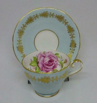 Vintage Aynsley Large Pink Cabbage Rose Tea Cup & Saucer Pale Duck Egg Blue