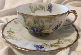 Vintage Elite Sm Limoges France Coffee Tea Cup & Saucer Gold Trim Purple
