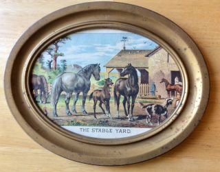 Vintage Framed Horse Print,  The Stable Yard,  Oval Frame,  Old.