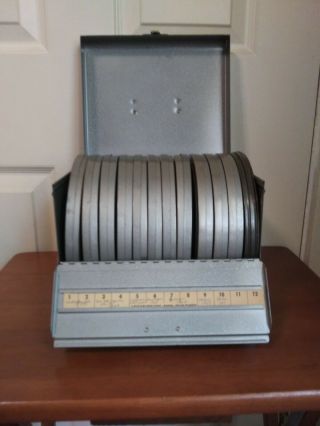Vintage Metal 8mm Movie Film Storage Box W/12 Metal Reels & Cans