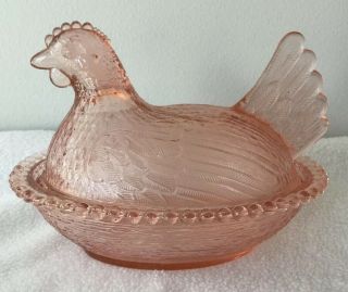 Vintage Pale Pink Glass Hen On A Nest Candy Butter Serving Dish Chicken Lid