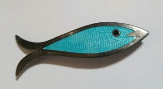 Vintage Mexico Sterling Silver Blue Guilloche Enamel Fish Brooch Pin