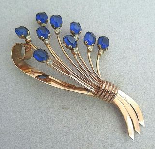 Vtg Brooch Coro - Craft Sterling Blue Stemed Rhinestones Bouquet Gold