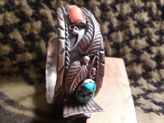 Vintage Sterling Silver Turquoise Coral Cuff Bracelet