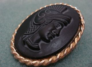 Vintage Black Jet Carved Roman Soldier Cameo Brooch Pin Gold Tone