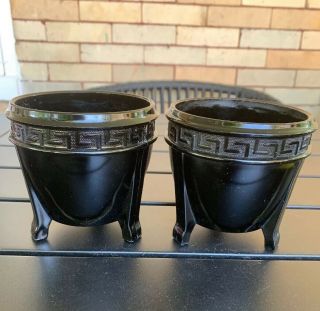 Vtg Pair Le Smith Black Amethyst Glass Vase Greek Key Art Deco -