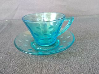 Vintage Blue Hobnail Depression Glass 6 Oz Tea Cup And Saucer