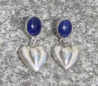 Vtg Taxco Mexican Sterling Silver Heart Dangle Earrings Dark Blue Sodalite