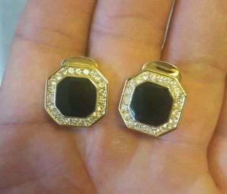 Christian Dior Vintage Black Enamel And Clear Rhinestone Clip On Earrings